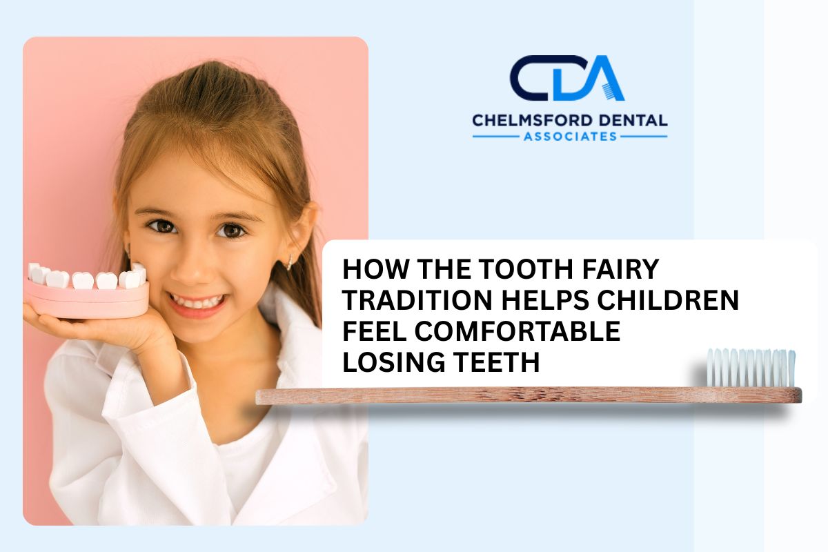 Young girl holding toothbrush smiling, Chelmsford Dental Associates logo, tooth fairy tradition text