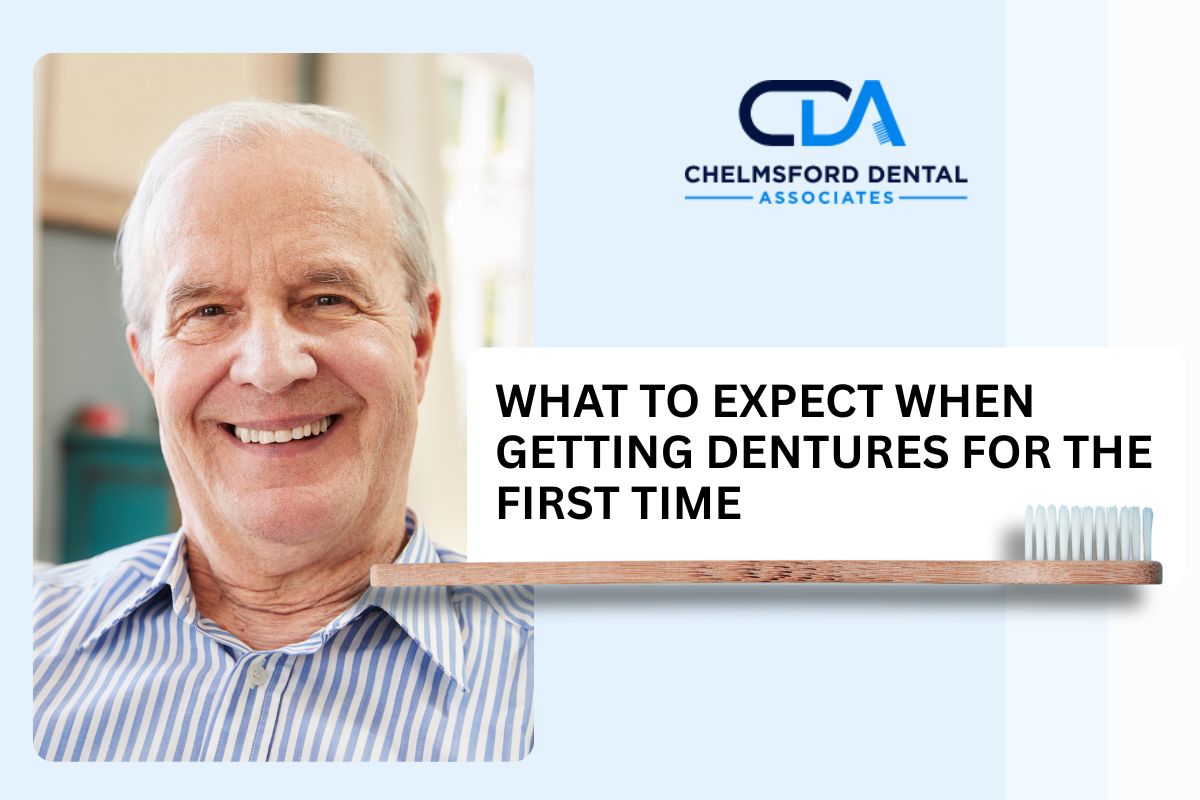 Smiling older adult featured in a guide about what to expect when getting dentures for the first time.